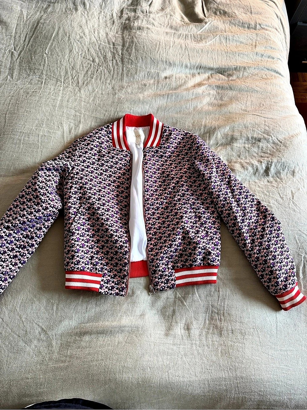 Maje Floral Bomber Jacket in Blue & Red Size 40 Like New